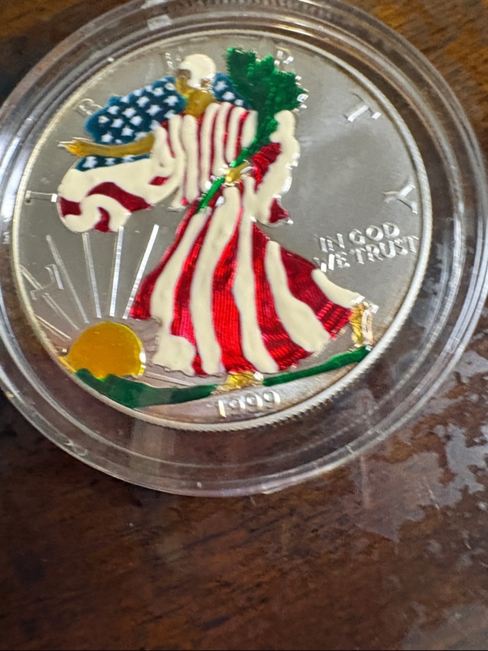 Hand-Painted American Liberty Silver Coin - Patriotic Colors (1999)